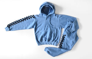 Adult matching loungewear set in blue checkerboard: hoodie and joggers