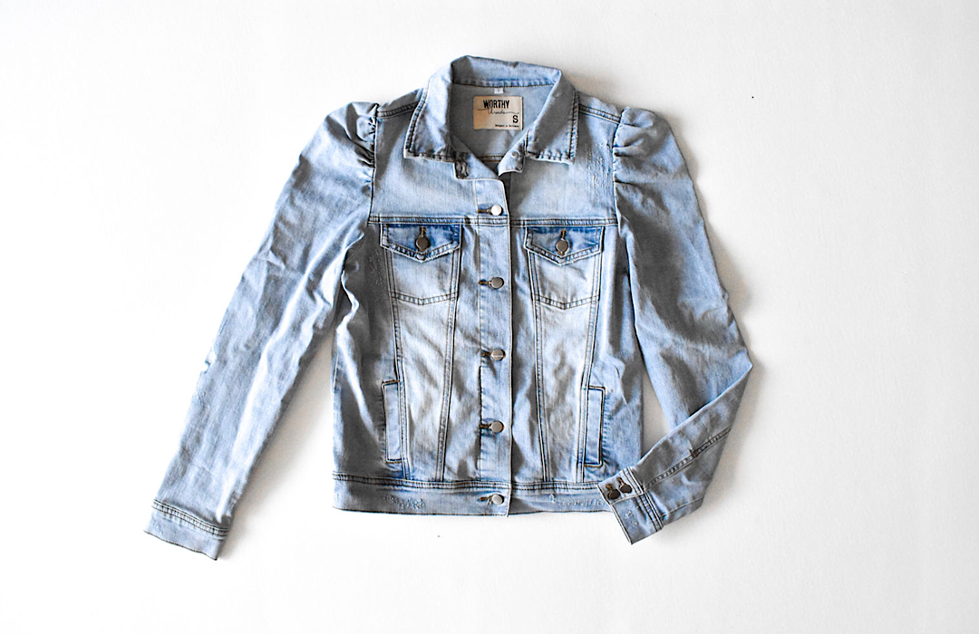 Kids puff sleeve denim jacket.  Unique kids clothing by Worthy Threads clothing brand