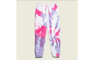 Kids tie dye joggers in pink and purple.  Matching loungewear sets by Worthy Threads clothing brand