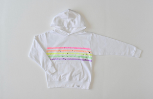 Kids hand painted hoodie in white with neon stripes and splatter paint