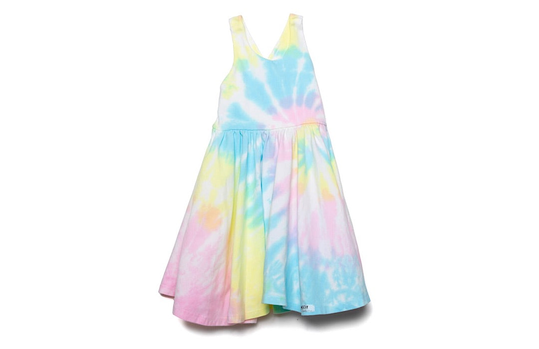 Cross back twirly dress in pastel tie dye