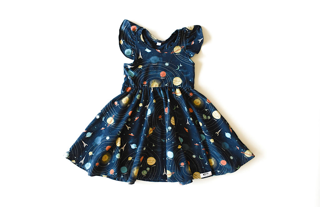 Racer back dress with ruffle sleeves in navy planets print