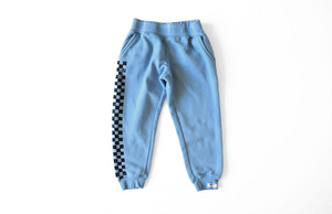 Kids hand dyed joggers in blue checkerboard: matching loungewear set