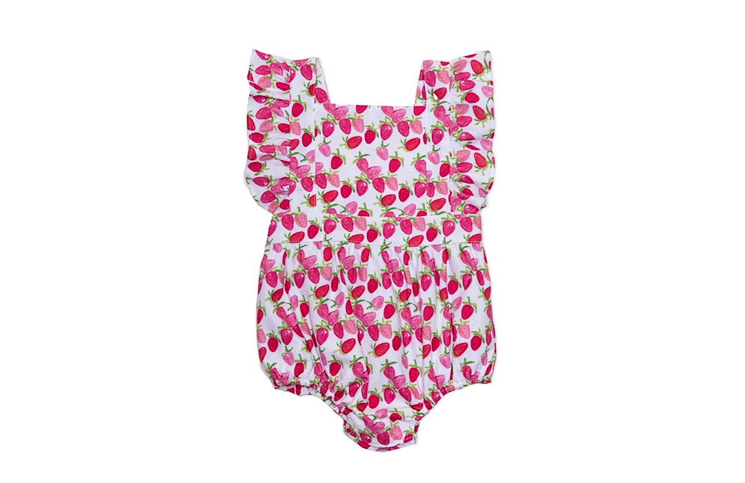 Baby Bubble romper with ruffle sleeves in strawberry print