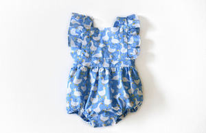 Baby bubble romper in blue duck print fabric