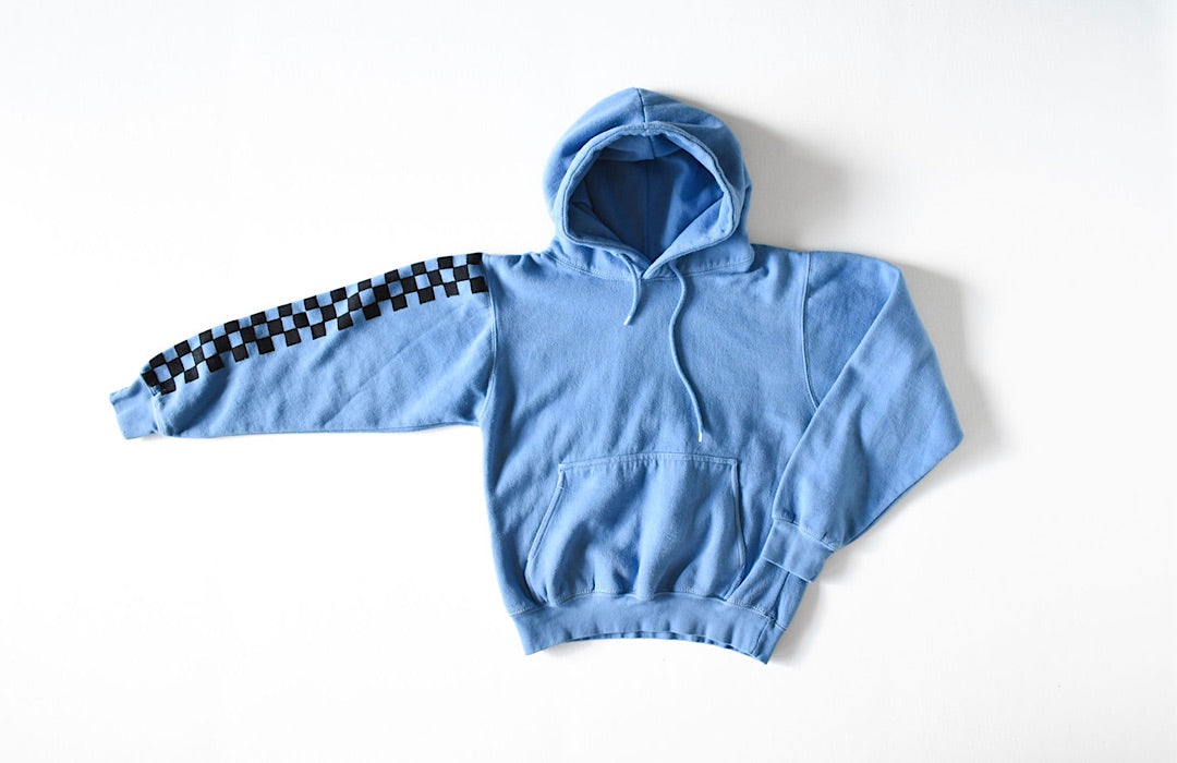 Adult hand dyed hoodie in blue checkerboard: matching loungewear sets