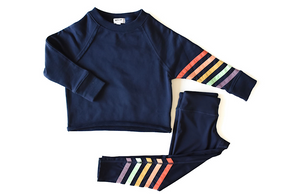 Kids matching activewear set in navy with rainbow stripes: cropped crew and leggings