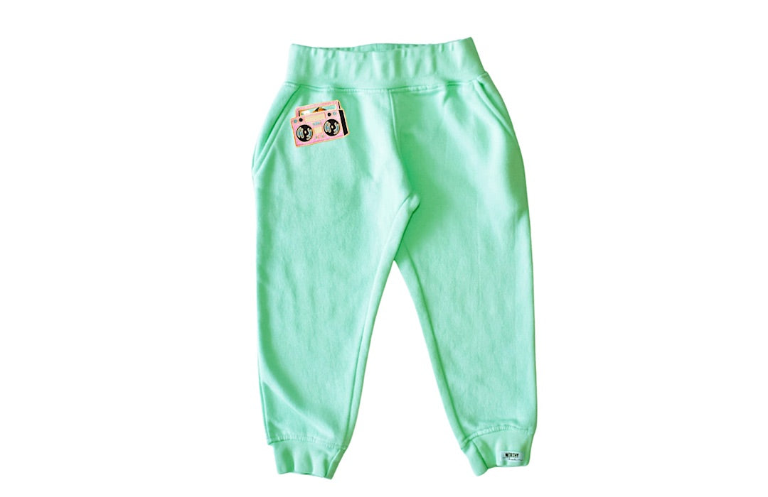 Kids hand dyed joggers in green with boombox patch