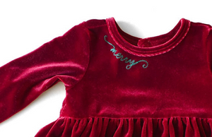 Close up of embroidery on Christmas baby bubble romper in burgundy