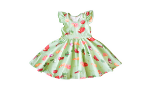Girls twirly dress with ruffle sleeves and racer back in greens market print