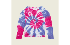 Kids tie dye raglan in pink and purple.  Matching joggers available