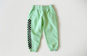 Kids hand dyed joggers in green checkerboard: matching loungewear set