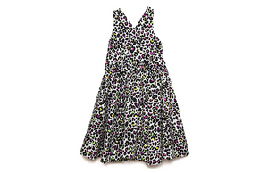 Girls twirly dress with cross back in neon leopard print, back view