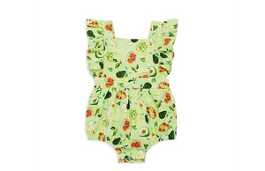 Baby bubble romper in green avocado print. Unique baby clothes by Worthy Threads clothing brand