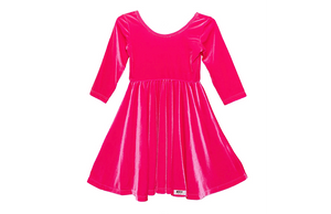 Girls hot pink twirly dress in stretch velvet: unique kids clothing