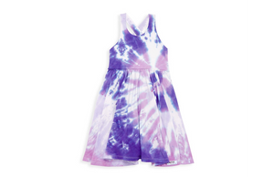 Cross back twirly dress in purple tie dye