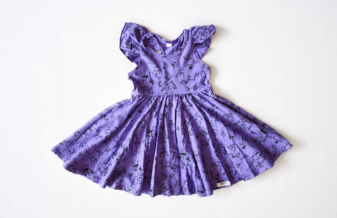 Stem Clothing for girls: purple Robots twirly dress with ruffle sleeves