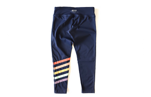 Kids navy leggings with rainbow stripes, back view