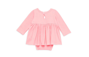 Baby bubble romper in pink hearts, back view