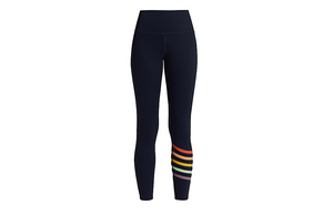 Adult leggings in navy with rainbow stripes on the left leg. Matching activewear sets