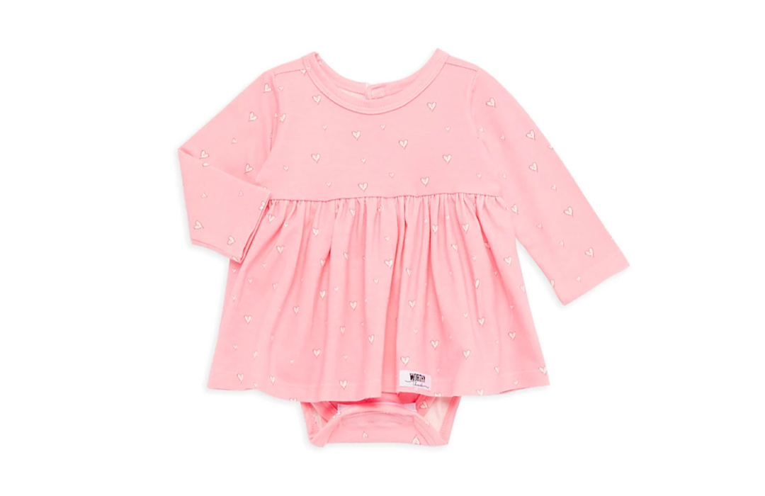 Baby bubble romper in pink with heart print